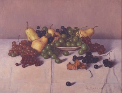 「洋梨とブドウ」　髙島野十郎 昭和16年(1941)、油彩・画布、40.9×53.0cm