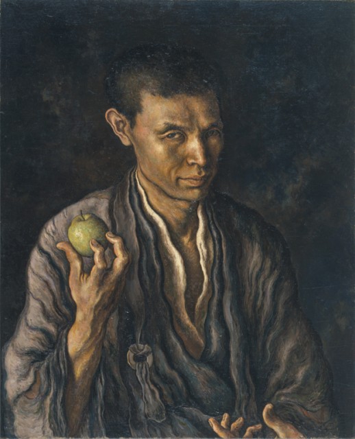 「りんごを手にした自画像」　高島野十郎 大正12年(1923)、油彩・画布、60.5×49.2cm