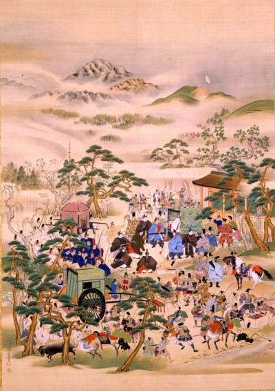 「尹大納言赴比叡山図」（いんのだいなごんひえいざんにおもむくのず） 明治21年（1888） 、絹本着色･掛幅装、202.8×143.5cm